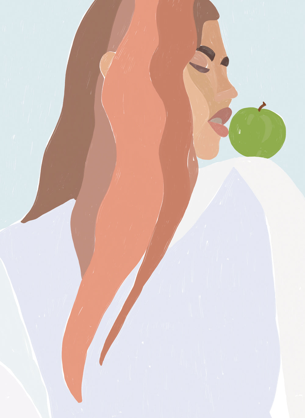 eat the apple poster woman eating sky blue green coffee kitchen collection
