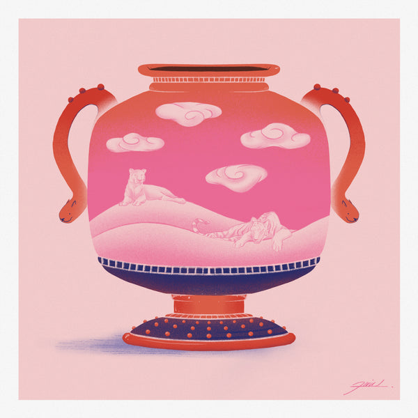 Big Cat Vase Poster Print pink background