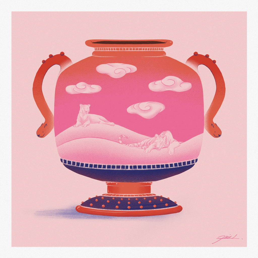 Big Cat Vase Poster Print pink background