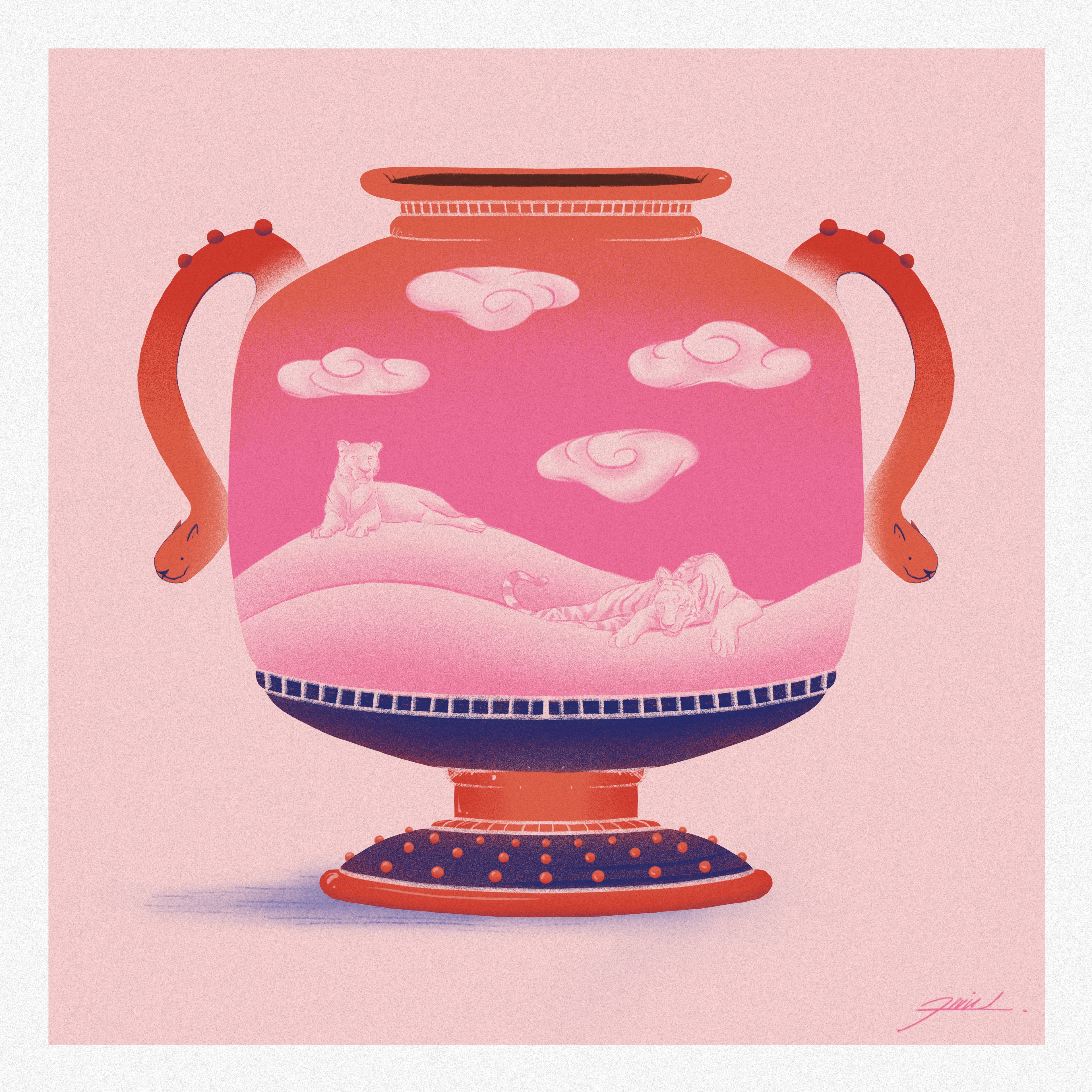 Big Cat Vase Poster Print pink background