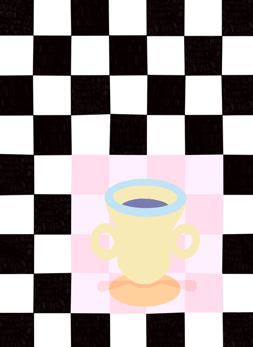 black and white chess background coffee cup poster print kitchen collection pink yellow 40 x 50 cm