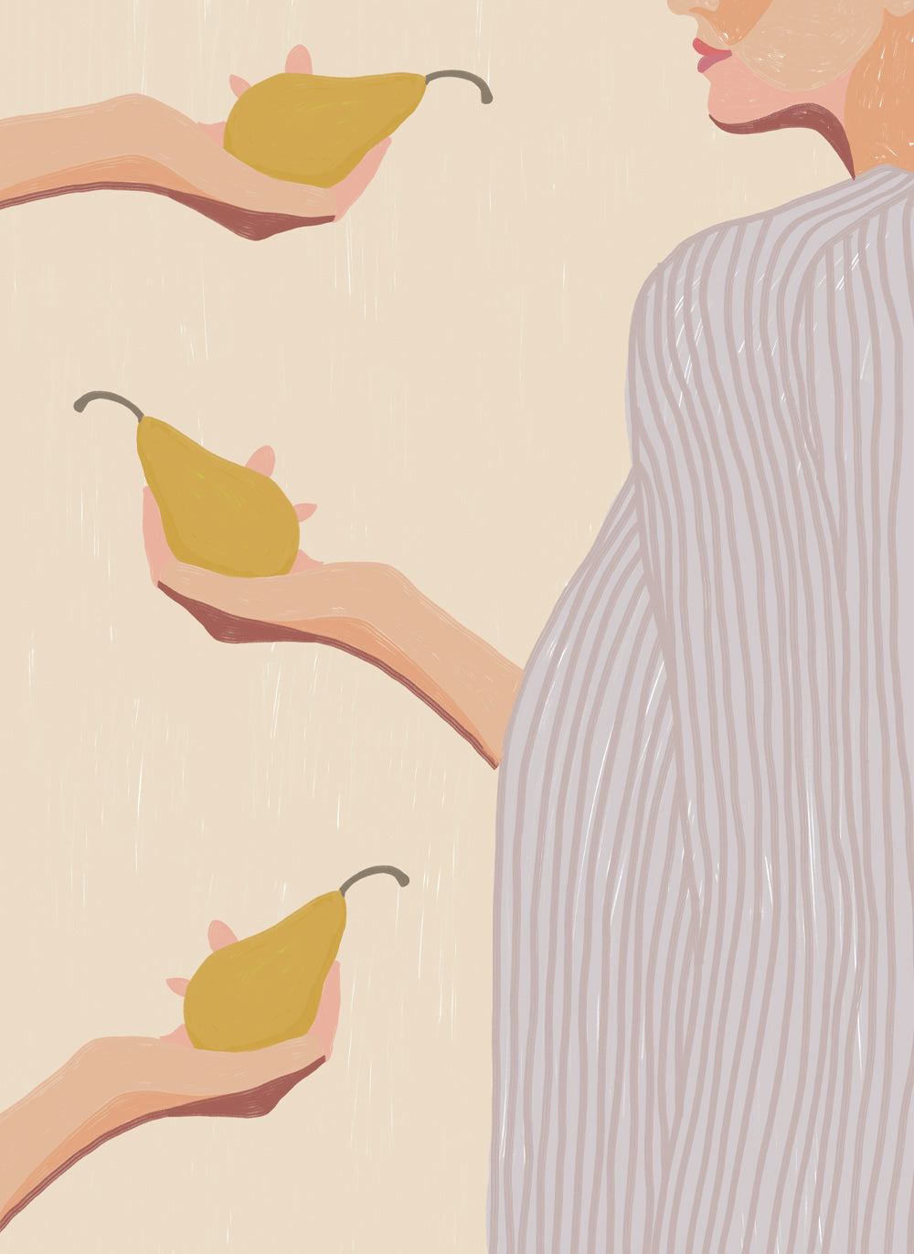 woman eating pear offer kitchen collection artwork design interior decoration home blue green and cream background